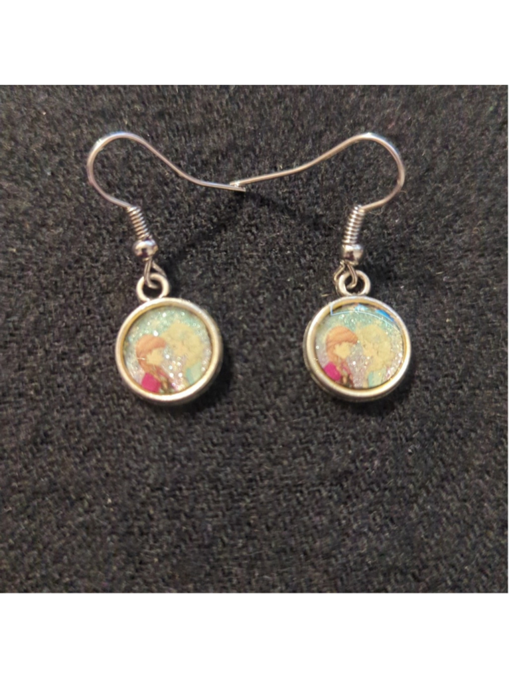 Silver Tone Blue Anna and Elsa Frozen Character Dainty Delicate Drop Earrings